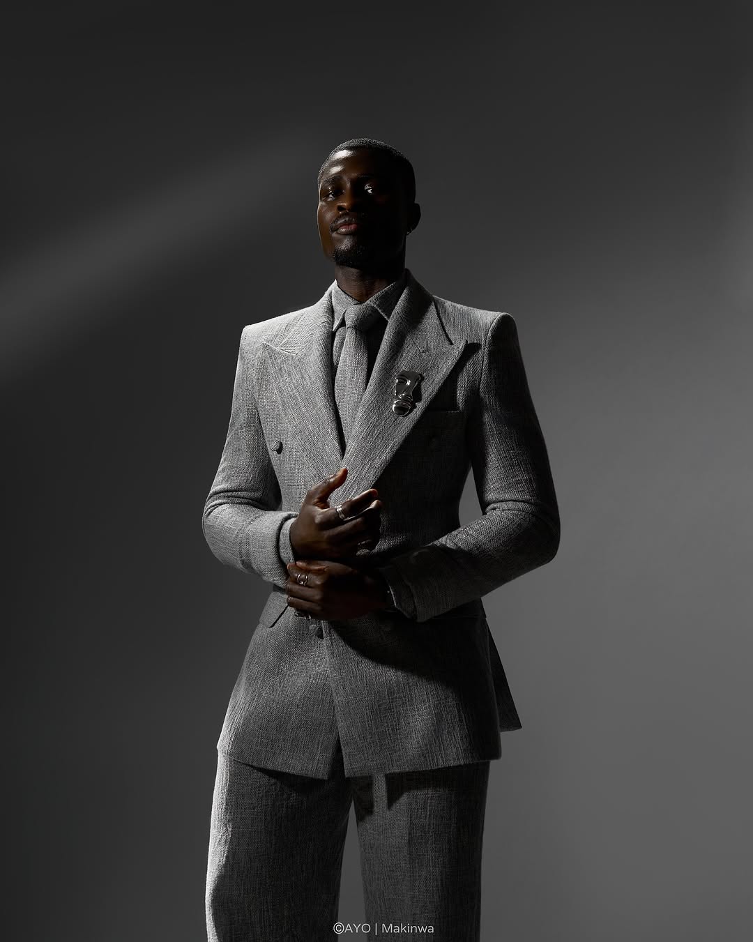 Grey Textured Double-Breasted Suit